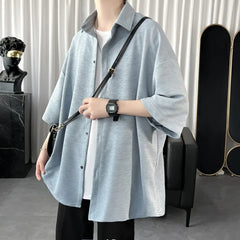 Threebooy Summer Cool Men Short-sleeved Shirt Solid Color Fashion Plicated Casual Loose Button Shirt Male Clothing Tops