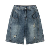Threebooy Hip Hop Denim Shorts Men Streetwear Vintage Ripped Hole Jeans Short Oversized Harajuku Pockets Design Baggy Knee Length Pants