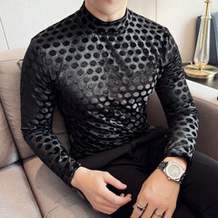 Threebooy Autumn Winter Polka Dot Velvet T-shirt for Men Long Sleeve Half High Neck Slim Fit Casual Base Shirt Business Social Tee Tops