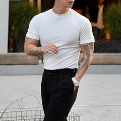 Threebooy Mens Fitness Shaping Elastic Casual T-Shirt Genderless 2024 New Sports Breathable Quick-Drying Solid Color Slim Top Unisex