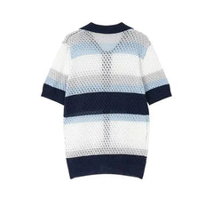 Threebooy Men Hollow Out Knit Cardigan Shirt Striped Pattern Cuban Collar Loose Fit Short Sleeve Casual Tops Summer New
