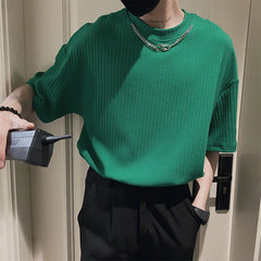 Threebooy Korean Style Summer Men's Silk Fabric Social T Shirts Removable Necklace Short Sleeve T-shirt Hip Hop Style Top Tshirts