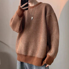 Threebooy New Japanese Trendy Men Sweater High Street Patchwork Knitted O Neck Long Sleeve Pullover Casual Loose Premium Quality Knitwear