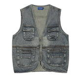 Threebooy Vintage Blue Denim Vest Jackets Men Streetwear Sleeveless Cargo Coats Harajuku Multiple Pockets Loose Casual Jeans Vests Male