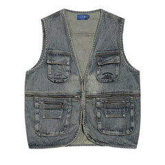 Threebooy Vintage Blue Denim Vest Jackets Men Streetwear Sleeveless Cargo Coats Harajuku Multiple Pockets Loose Casual Jeans Vests Male