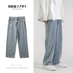 Threebooy Korean Fashion Men's Baggy Jeans Classic All-match Solid Color Straight-leg Denim Wide-leg Pants Male Light Blue Grey Black