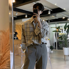 Threebooy Men Casual Plaid Shirts Single Breasted Long Sleeve Loose Blouse Male Korean Chic Streetwear Fashion All-match Outwear BF