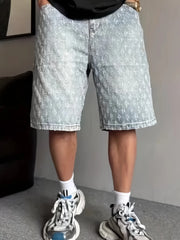 Threebooy Summer Thin Design Ripped Five-Point Pants Loose Casual Mid-Length Pants American Retro Jacquard Denim Shorts for Men