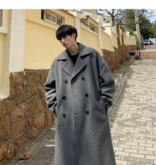 Threebooy Long Dust Coat Men Winter Korean-style Trench Mens Solid Double Breasted Woolen Cloth Coat Loose Casual Trenchcoat Outwear