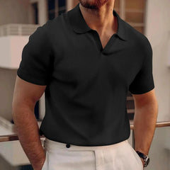 Threebooy Summer New Polo Collar Casual Fashion Men's Clothing Heavy Waffle Short Sleeve Solid Color Casual V Collar Polo Shirt
