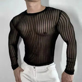 Threebooy Mens T-Shirt Striped Sexy Slightly Transparent Stretch T-Shirt Fashion Streetwear Tight Casual Long Sleeve Top Men'S Clothing