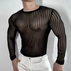 Threebooy Mens T-Shirt Striped Sexy Slightly Transparent Stretch T-Shirt Fashion Streetwear Tight Casual Long Sleeve Top Men'S Clothing