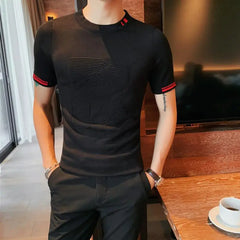 Threebooy Men's Summer High Quality Knitted Short Sleeve T-shirt Men's Fashion Slim Fit Pullover Male Casual T-Shirt S-4XL