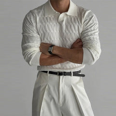 Threebooy New American Fashion Jacquarded Men Polo Sweater Light Luxury V Neck Knit Solid Color Long-sleeved Tops Premium Quality Knitwear