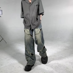 Threebooy Y2K Fashion Hollow Out Baggy Jeans Pants For Men Clothing Straight Wide Leg Old Denim Trousers Pantalon Homme