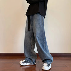 Threebooy Autumn New Blue Solid Simple Jeans With Belt Male Casual Mopping Denim Pants Men Oversized Zipper Wide Leg Jean Pants