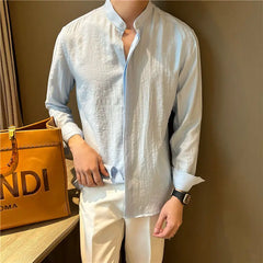 Threebooy Long-sleeved Stand-collar Pleated Shirt Men's Summer Seaside Vacation Style Casual and Versatile Solid Color Spring Autumn Shirt