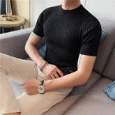 Threebooy Men's Summer High-quality Casual Short Sleeves Knitted T-shirt/Male Slim Fit High Collar Thin Stripe Knitting Tees S-4XL