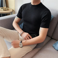 Threebooy Men's Summer High-quality Casual Short Sleeves Knitted T-shirt/Male Slim Fit High Collar Thin Stripe Knitting Tees S-4XL