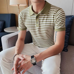 Threebooy Men's Summer Ice Silk Short Sleeves Polo Shirts/Male Slim Fit Stripe Casual High Quality Polo Shirts Plus Size S-4XL