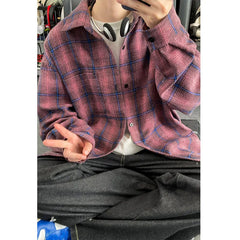 Threebooy Spring Long Sleeved Shirt Men Oversized Retro Plaid Shirt Men Japanese Streetwear Loose Casual Shirt Mens Black Vintage Shirts