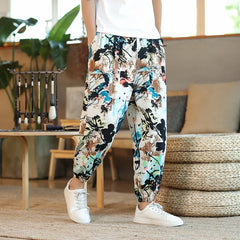 Threebooy Men Printed Harem Pants New Cotton Linen Drawstring Trousers Streetwear Hip Hop Fitting Jogging Loose Casual Wide Leg Pants