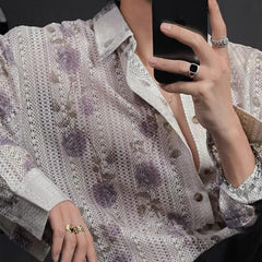 Threebooy Mens Shirts Floral Print Hollow Casual Shirts Streetwear Campus Beach Vacation Hawaiian Long Sleeve Tops Men'S Clothing