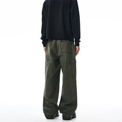 Threebooy American Loose Straight Cargo Pants Men's Fashion Streetwear 100% Cotton Vintage Large Pocket Loose Casual Wide-leg Trousers