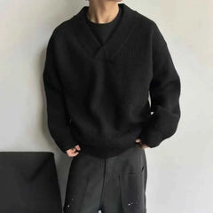 Threebooy Winter New Men's Solid Color V-Neck Long Sleeve Sweater Korean Retro Fashion Trendy High Street Loose Casual Simple Men's Top