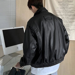 Threebooy Men's Casual Texture PU Leather Jacket High Street Zippers Turn-down Collar Long Sleeve Retro Coat with Pocket Autumn