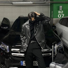 Threebooy Men's Slim Fit Handsome Outerwear Black Color Work Clothes Pu Leather Jacket Couple Clothes Motorcycle Leather Coats