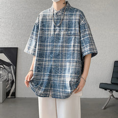 Threebooy Vintage Blue Loose Plaid Men'S Shirt Fashion Tie-dye Printed Lapel Short Sleeve Men Shirts Blouses Tops Male Clothing 5XL-M
