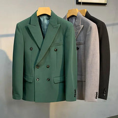 Threebooy Blazers Autumn Fit Men's Double-breasted Suit Jacket Casual Suit Collar Long Sleeves Pockets Buttons Solid Color Tops Blazer