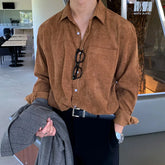 Threebooy Autumn Clothing Men's Casual Luxury Corduroy Pocket Shirt Buttons Turn Down Collar Long Sleeve Solid Color Texture Vintage New