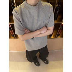 Threebooy Men Slim Fit Short Sleeve Tshirt Solid Round Neck Unique Patchwork Design Premium Stretch Cotton Casual Summer Trendy Tee