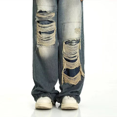 Threebooy Hole Patchwork Baggy Jeans Man Pants American Vintage Straight Wide Leg Pants Hip Hop Street Punk Y2k Jeans Loose Denim Trousers