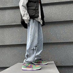 Threebooy Fashion Star Embroidery Men's Baggy Straight Jeans Korean Y2K Wide Leg Denim Pants Personality Streetwear Hip Hop Male Trousers