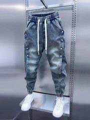 Threebooy Light Blue Men's Jeans Elastic Waist Decorative Button Harlan Pants Spring Autumn Fashionable Slim Fit Harlan Trousers