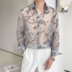 Threebooy Mens Shirts See-Through Plum Blossom Jacquard Shirts Summer Nightclub Niche Streetwear Youth Breathable Thin Tops Men'S Clothing