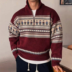 Threebooy Winter Fair Isle Half Zip Polo Neck Sweaters For Men Y2K Vintage Christmas Knitted Pullovers New Red Knitwear Man jersey