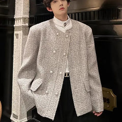 Threebooy Spring Autumn Collarless Shoulder Pad Suit Double-row Jacket Streetwear Versatile Short Handsome High-end Elegant Woolen Jacket