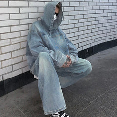 Threebooy Men's Trendy Washed Denim Hoodie Set