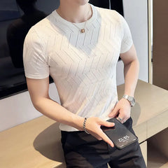 Threebooy New Men Short Sleeve Breathable Leisure O-neck Slim Fit T-shirts Male Fashion Ice Silk Knitted Tops Size Shirt S-3XL