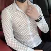 Threebooy Spring Autumn New Fashion Plaid a Peaked Collar Men's Clothing Shirts Long Sleeve Button Hollow Out Slim Korean Chaopai Blouse