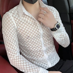 Threebooy Spring Autumn New Fashion Plaid a Peaked Collar Men's Clothing Shirts Long Sleeve Button Hollow Out Slim Korean Chaopai Blouse