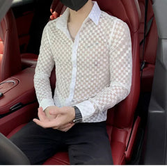Threebooy Spring Autumn New Fashion Plaid a Peaked Collar Men's Clothing Shirts Long Sleeve Button Hollow Out Slim Korean Chaopai Blouse