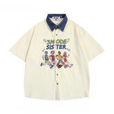 Threebooy Men Women American Retro Athlete Embroidery Spliced Denim Collar Short-sleeved Shirts Trendy Summer Street Casual Loose Blouse