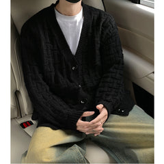 Threebooy American Style Cardigans Men V-neck Solid Jacquard Pattern Streetwear Autumn Winter New Popular Male Casual Daily Knitting Coat