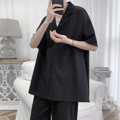 Threebooy Mens Short Sleeve Shirt Pullover Small Suit Collar Loose Fit Solid Color Summer Casual Office Wear Daily Breathable Comfort