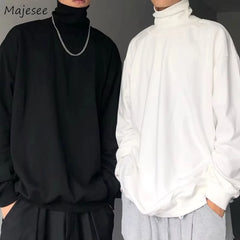 Turtle Neck Long Sleeve T-shirts Men Plus Velvet Warm Basic Solid Korean Style Loose CouplesTops Mens Clothes Streetwear Ins